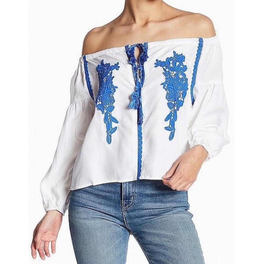 Line & Dot Floral Embroidered Off The Shoulder Top